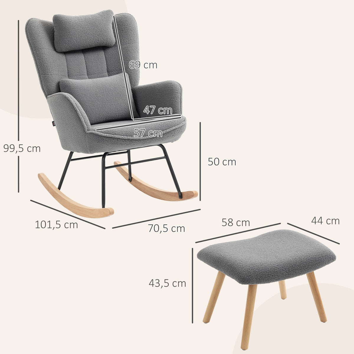 Rocking Chair with Ottoman, Fleece Cover, Wood Legs, Dark Gray