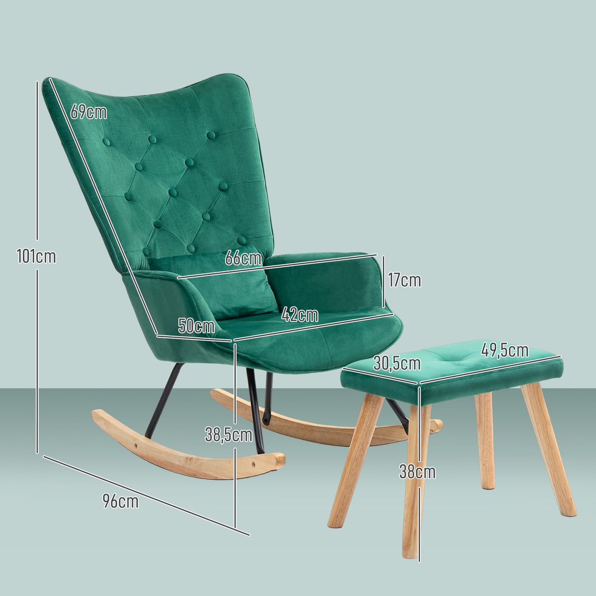 Rocking Chair with Stool, Relaxation Chair with Cushion, Velvet Look, Wing Chair with Wooden Legs for Bedroom, Living Room, 66 x 96 x 101 cm, Green