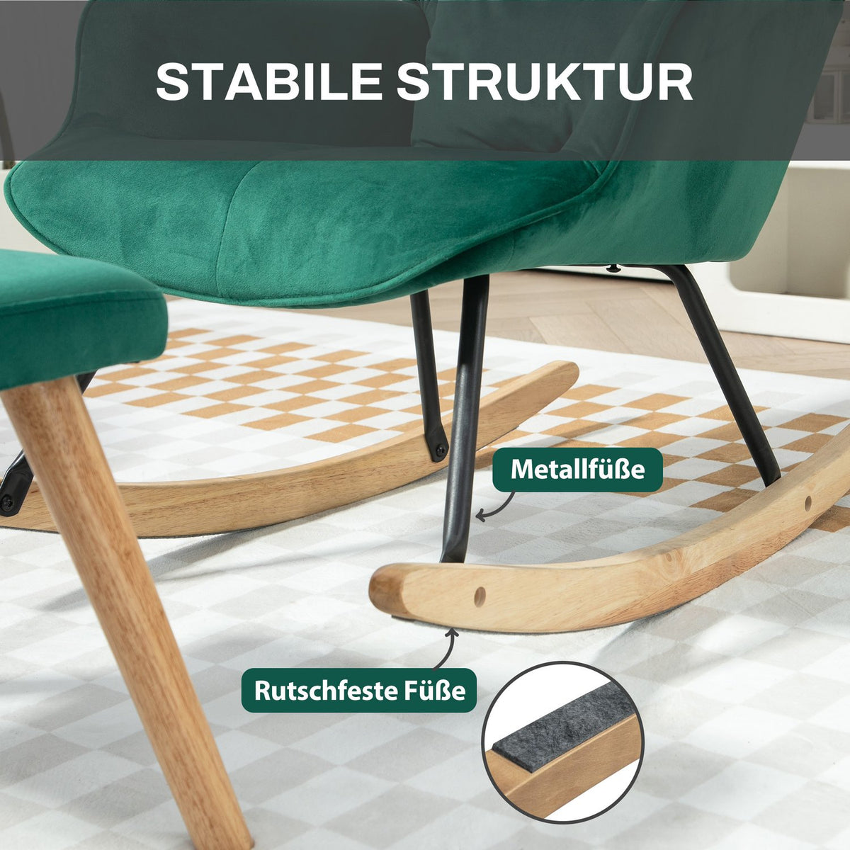 Rocking Chair with Stool, Relaxation Chair with Cushion, Velvet Look, Wing Chair with Wooden Legs for Bedroom, Living Room, 66 x 96 x 101 cm, Green