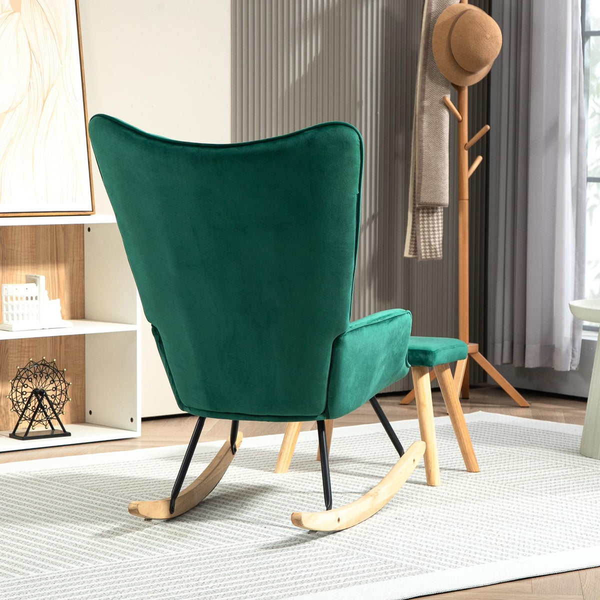 Rocking Chair with Stool, Relaxation Chair with Cushion, Velvet Look, Wing Chair with Wooden Legs for Bedroom, Living Room, 66 x 96 x 101 cm, Green