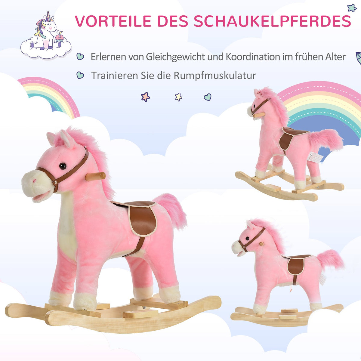 Rocking Horse In Pink Plush Rocking Toy With Animal Sounds, Toy For 36-72 Months, 65X32.5X61 Cm