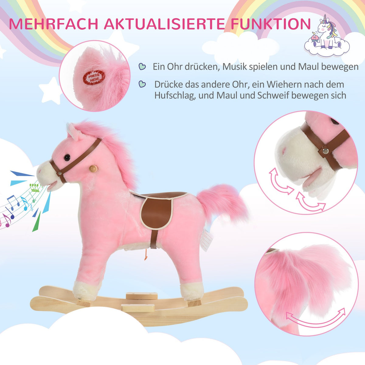 Rocking Horse In Pink Plush Rocking Toy With Animal Sounds, Toy For 36-72 Months, 65X32.5X61 Cm