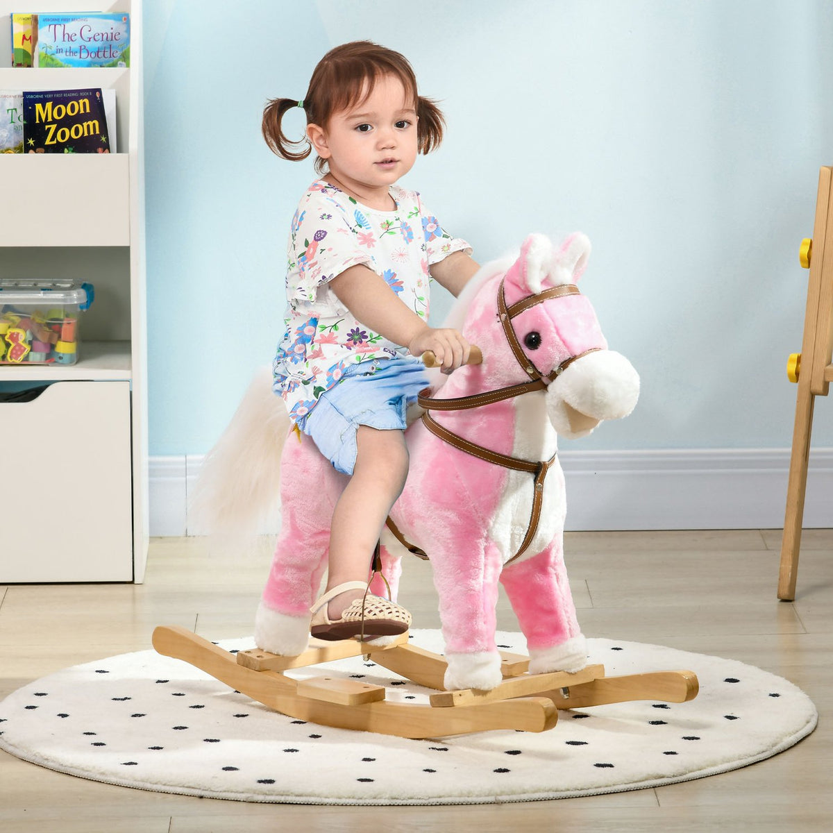 Rocking Horse Plush With Sound Pink Children'S Rocking Chair Footrest For 3-6 Years Wooden