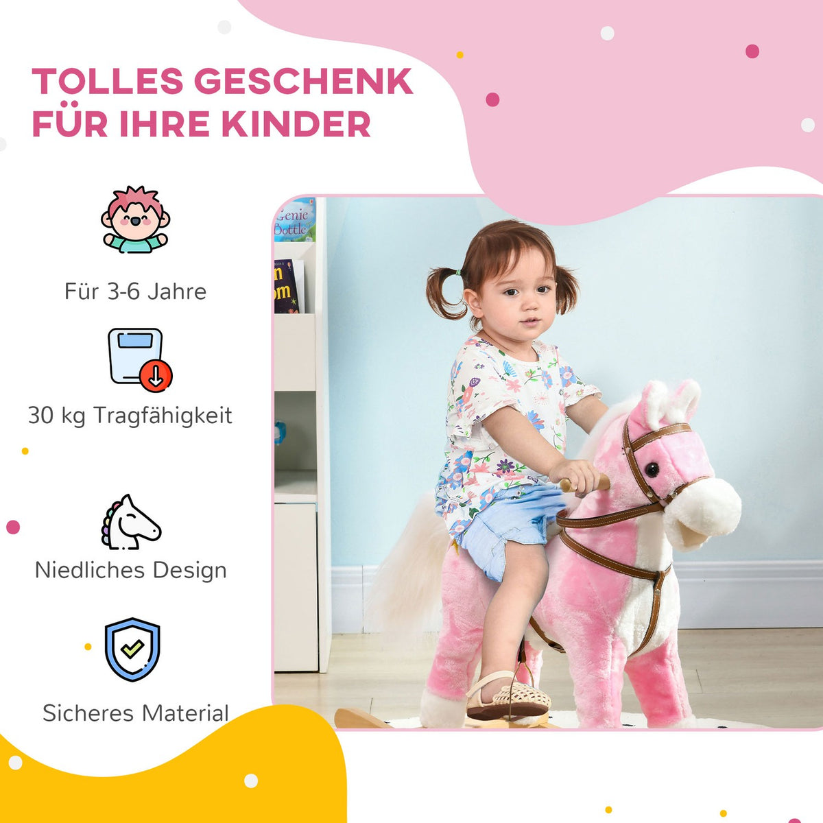 Rocking Horse Plush With Sound Pink Children'S Rocking Chair Footrest For 3-6 Years Wooden