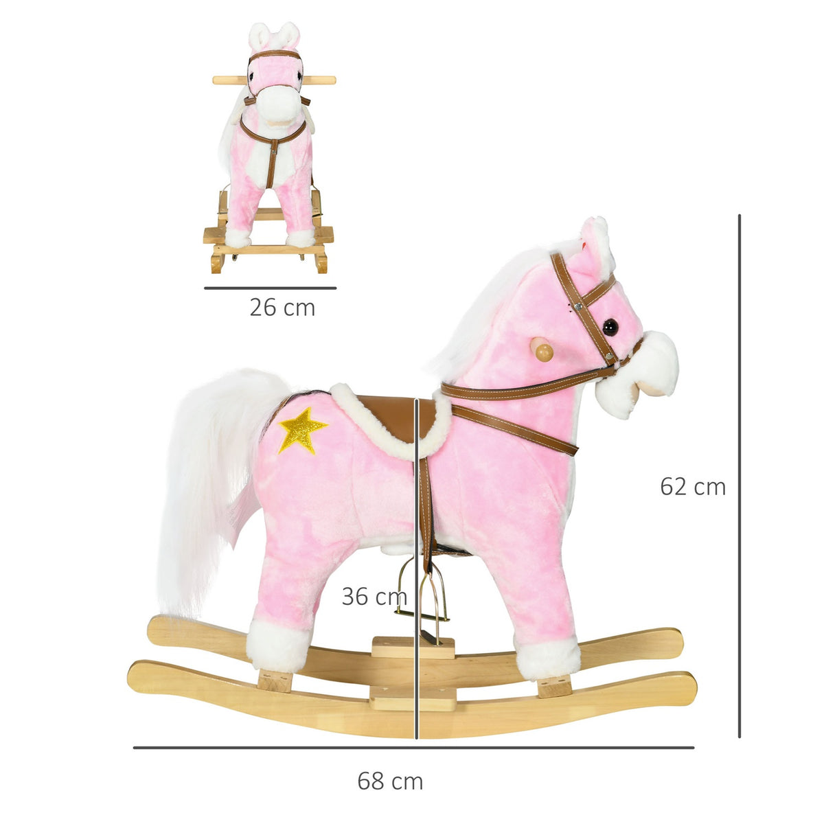 Rocking Horse Plush With Sound Pink Children'S Rocking Chair Footrest For 3-6 Years Wooden