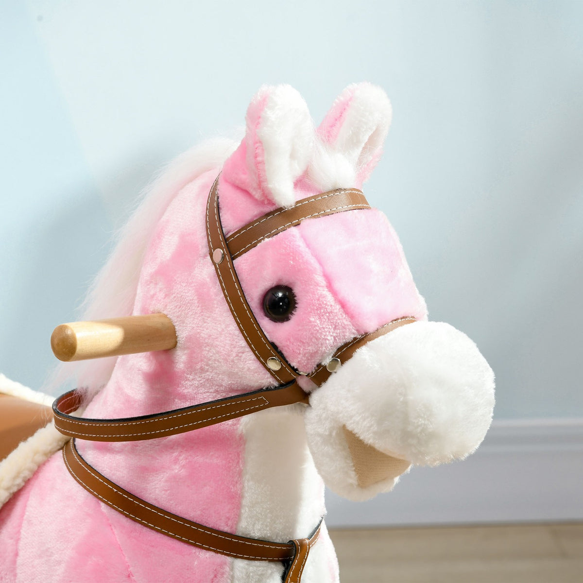 Rocking Horse Plush With Sound Pink Children'S Rocking Chair Footrest For 3-6 Years Wooden