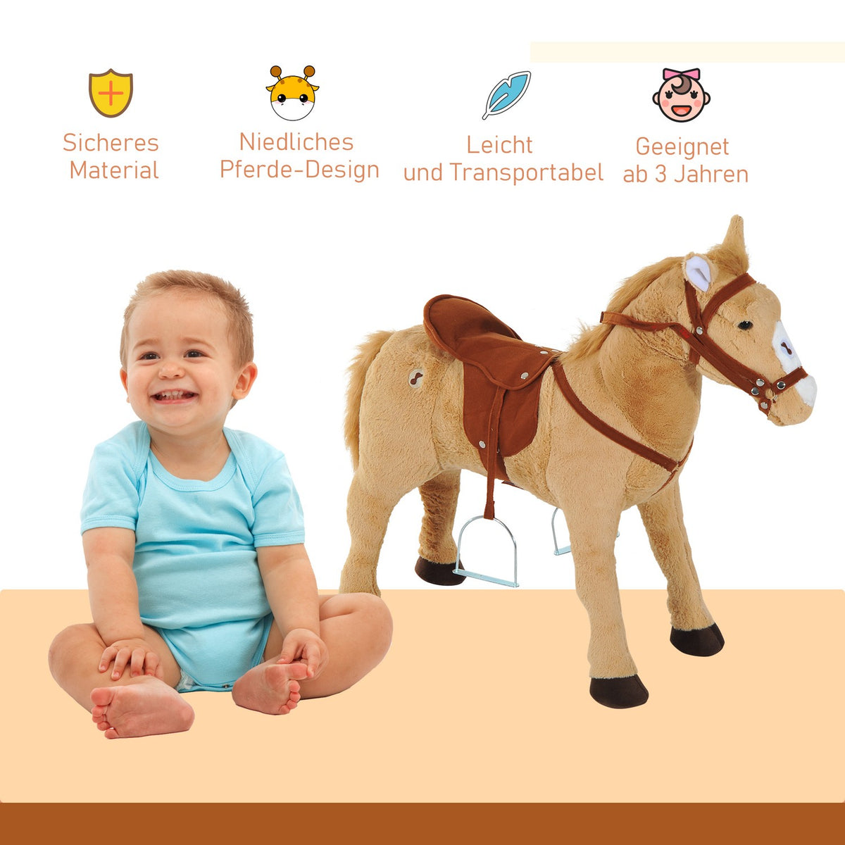 Rocking Horse Riding Horse Play Horse Plush Horse For Children Standing Horse With Sound Beige 85 X 28 X 60 Cm