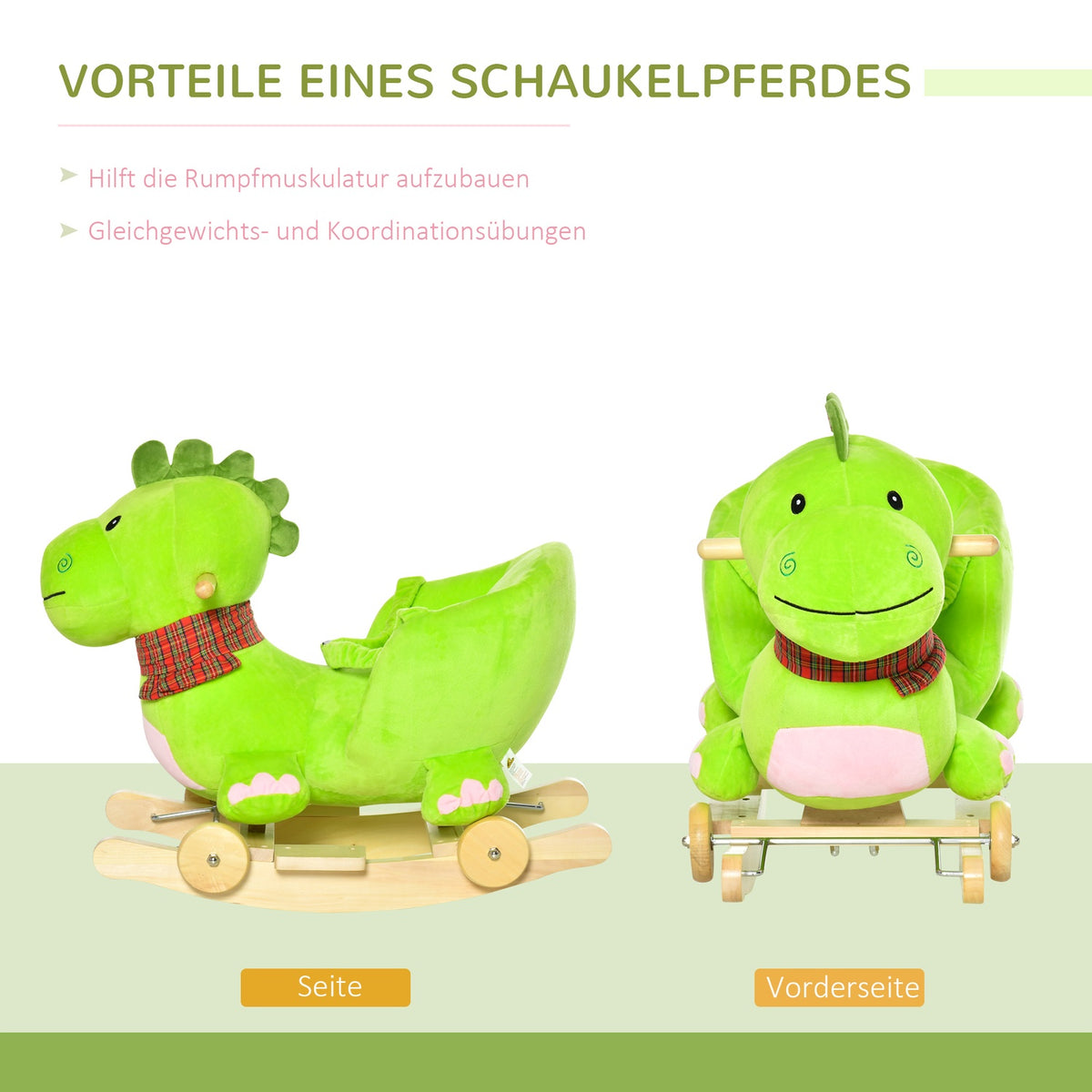 Rocking Horse Rocking Animal From 18 Months With Wheels And Music, Poplar + Plush, Green + Pink White, 60 X 32 X 52 Cm