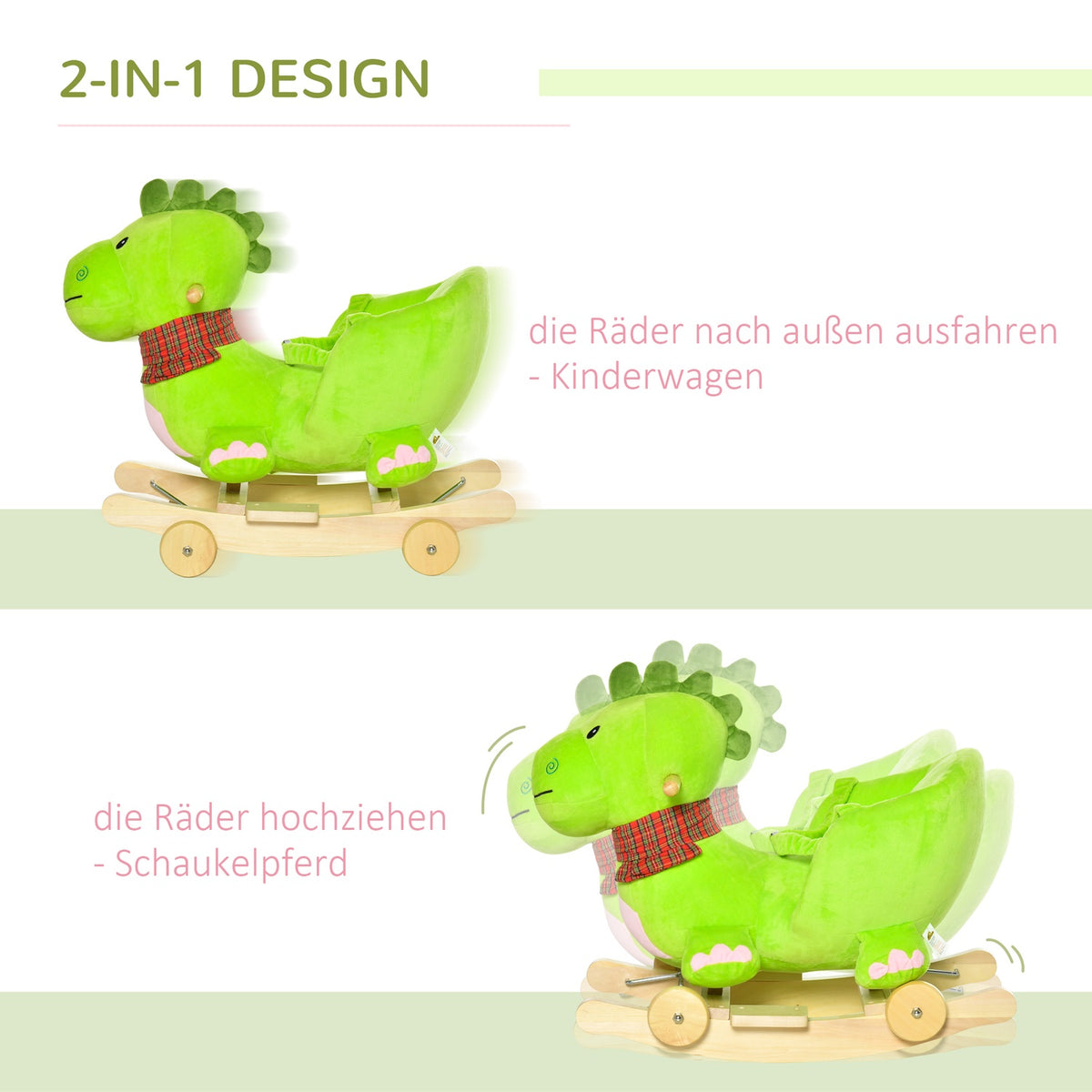 Rocking Horse Rocking Animal From 18 Months With Wheels And Music, Poplar + Plush, Green + Pink White, 60 X 32 X 52 Cm
