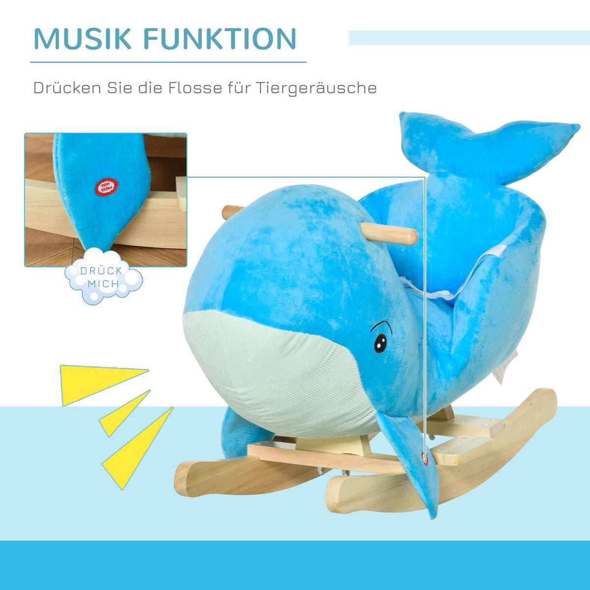 Rocking Horse Rocking Animal With Whale Design Sound Plush Toy For 18-36 Months Children Poplar Wood Blue 60 X 33 X 50 Cm
