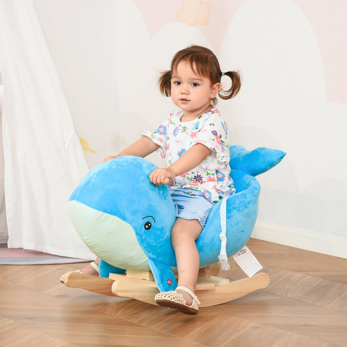 Rocking Horse Rocking Animal With Whale Design Sound Plush Toy For 18-36 Months Children Poplar Wood Blue 60 X 33 X 50 Cm