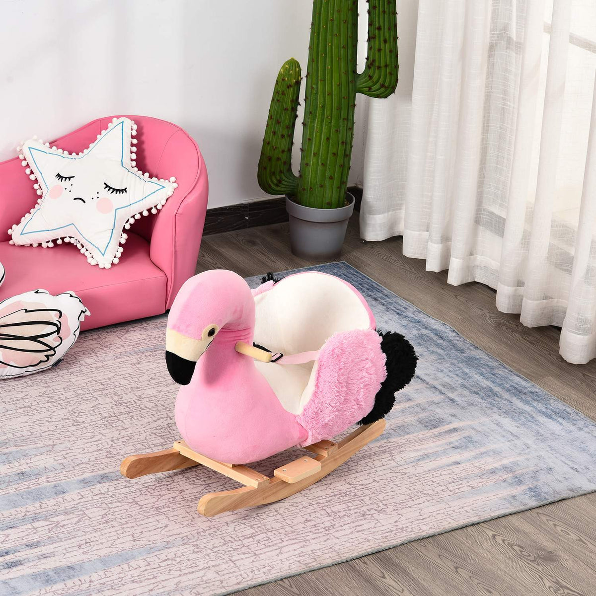 Rocking Horse Rocking Toy Flamingo With Safety Belt Handles Plush 60 X 33 X 52 Cm