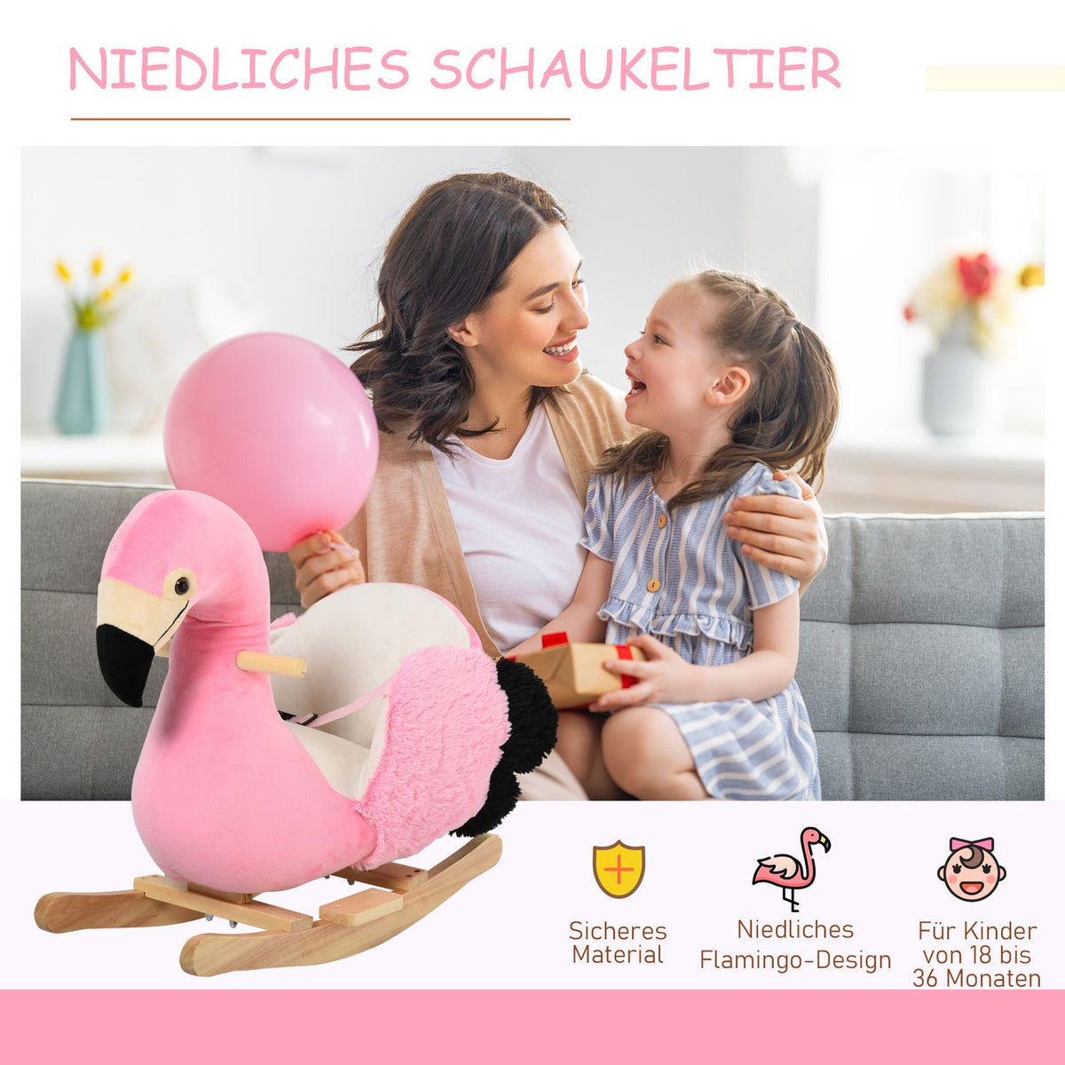 Rocking Horse Rocking Toy Flamingo With Safety Belt Handles Plush 60 X 33 X 52 Cm