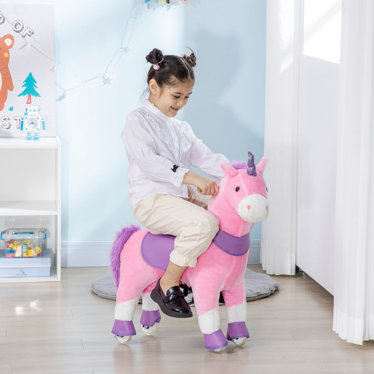 Rocking Horse Toy Horse Unicorn, 4 Wheels, 2 Pedals, Padded Saddle, 70 Cm X 32 Cm X 87 Cm; Pink + Purple + White