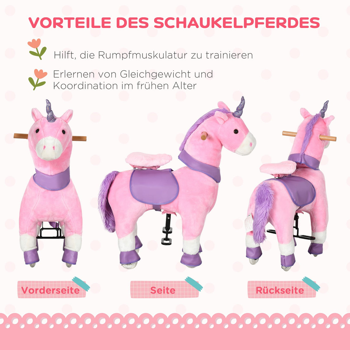 Rocking Horse Toy Horse Unicorn, 4 Wheels, 2 Pedals, Padded Saddle, 70 Cm X 32 Cm X 87 Cm; Pink + Purple + White