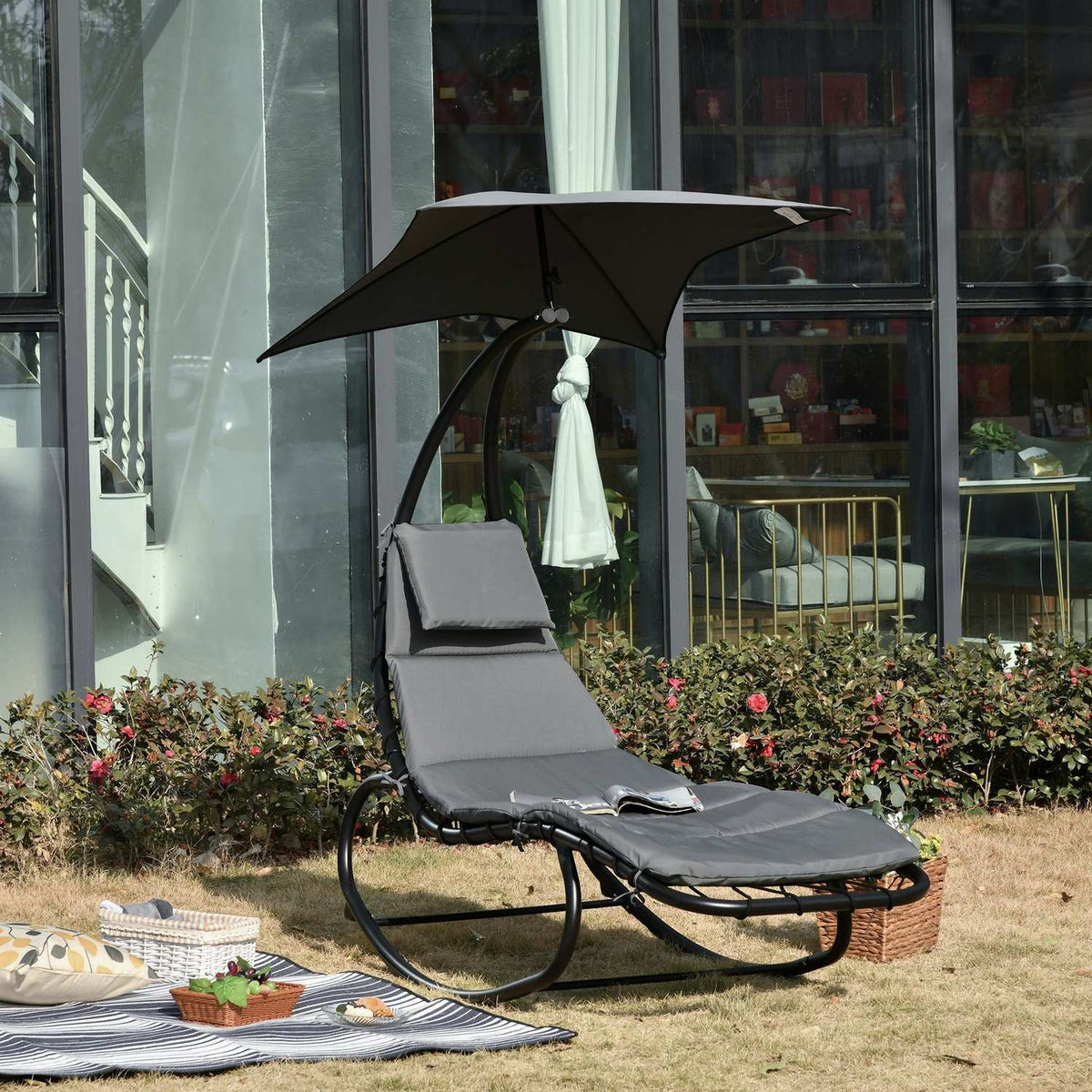 Rocking Lounger Rocking Chair Relaxation Lounger With Roof Garden Balcony Office Dark Gray 185 X 100 X 190 Cm