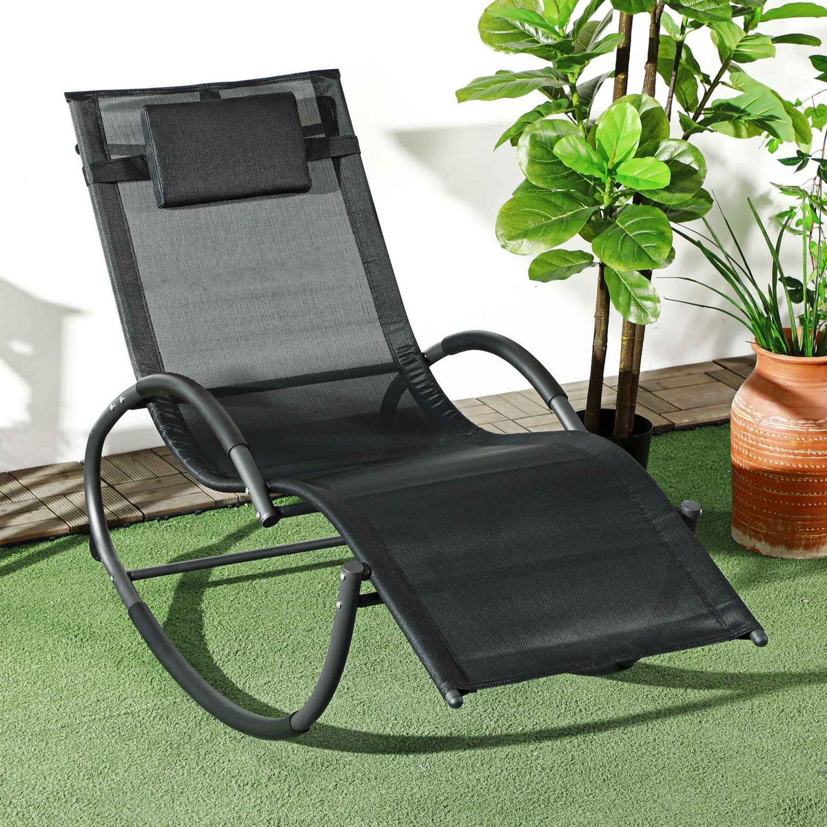 Rocking Lounger, Rocking Chair With Pillow, Garden Lounger, Swing Lounger, Textline, Black, 155 X 61 X 88 Cm
