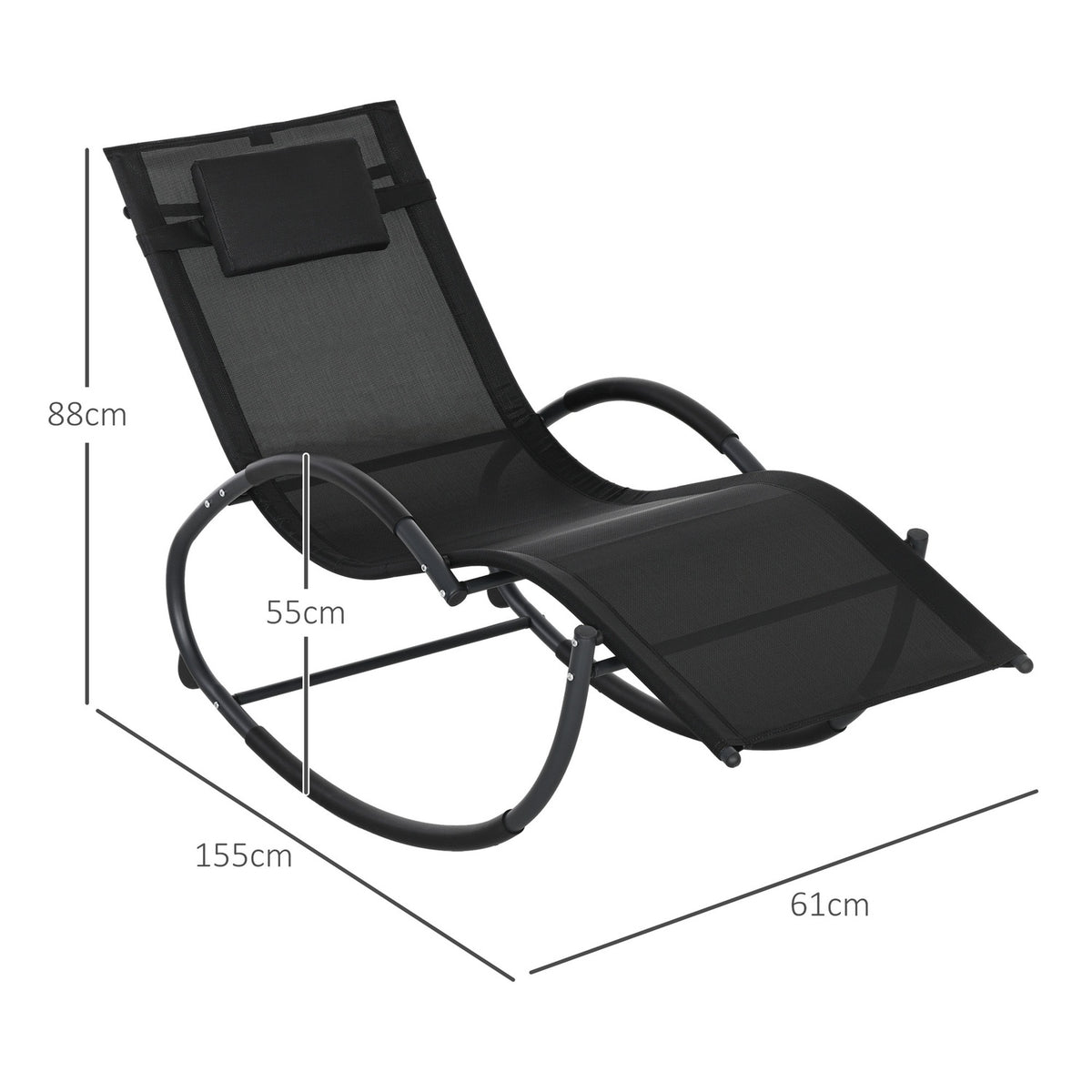 Rocking Lounger, Rocking Chair With Pillow, Garden Lounger, Swing Lounger, Textline, Black, 155 X 61 X 88 Cm