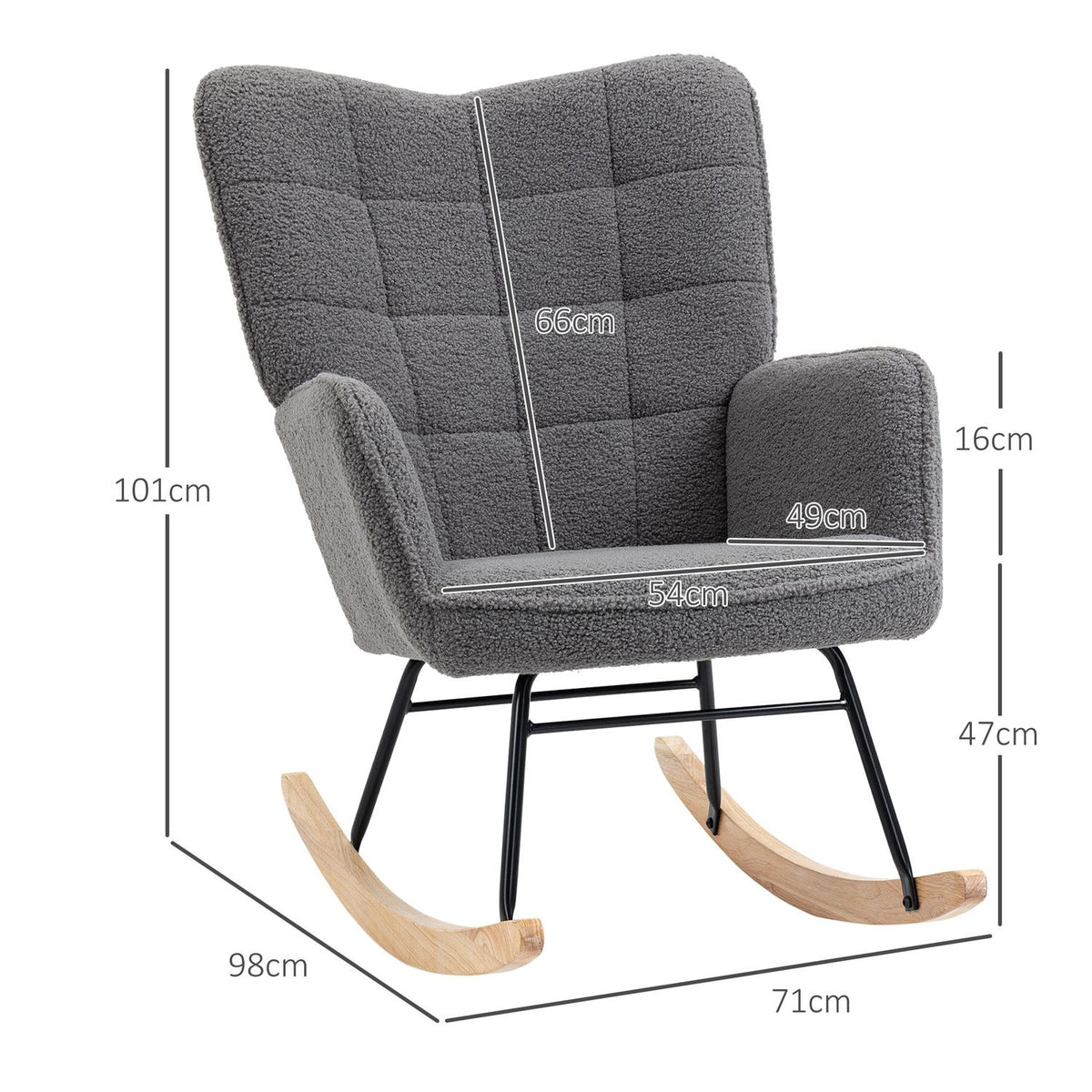 Rocking chair, accent chair, relaxation chair with Berber fleece, for bedroom, up to 120 kg, dark gray, 71x92x101 cm