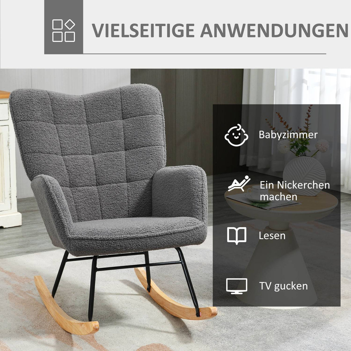 Rocking chair, accent chair, relaxation chair with Berber fleece, for bedroom, up to 120 kg, dark gray, 71x92x101 cm