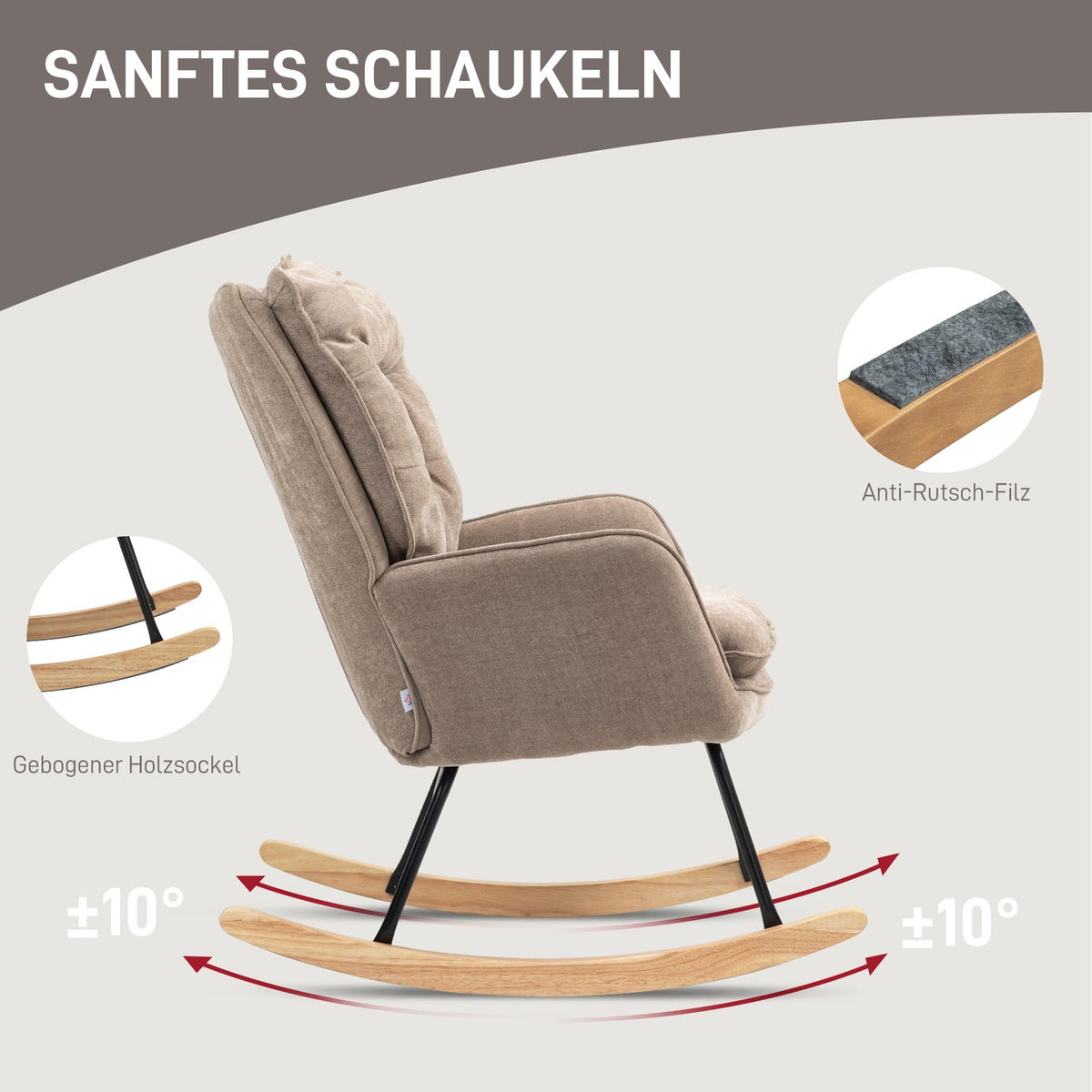Rocking chair, armchair, nursing chair with chenille look, rocking chair up to 120 kg load capacity for bedroom, living room, brown