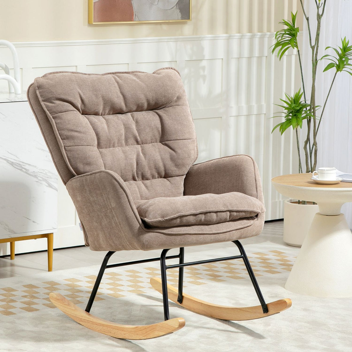 Rocking chair, armchair, nursing chair with chenille look, rocking chair up to 120 kg load capacity for bedroom, living room, brown