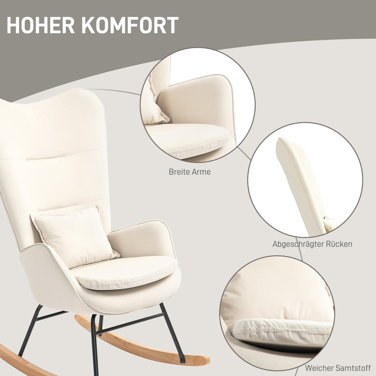 Rocking chair, armchair, nursing chair with velvet look, rocking chair with a load capacity of up to 120 kg for bedrooms, living rooms, cream white