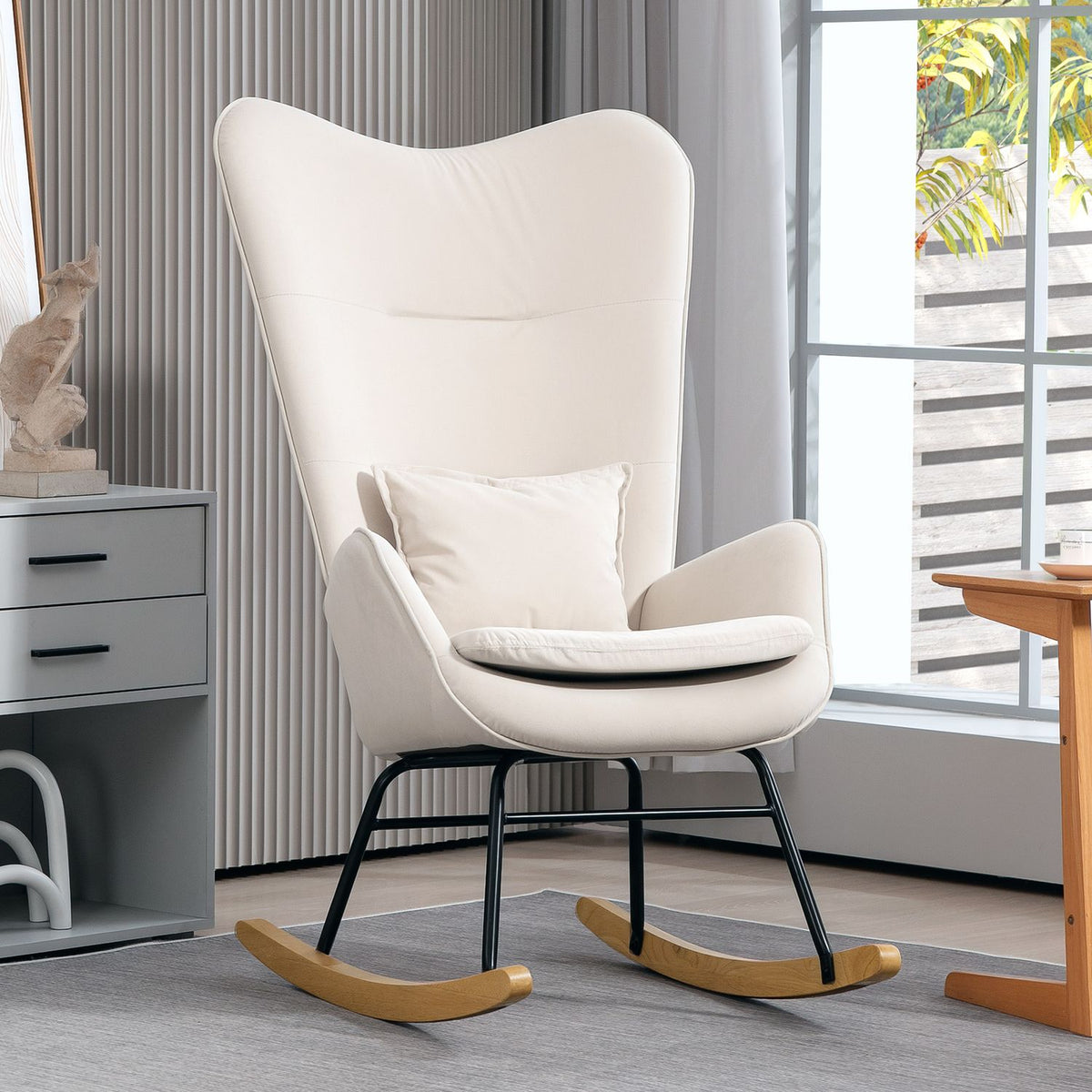 Rocking chair, armchair, nursing chair with velvet look, rocking chair with a load capacity of up to 120 kg for bedrooms, living rooms, cream white