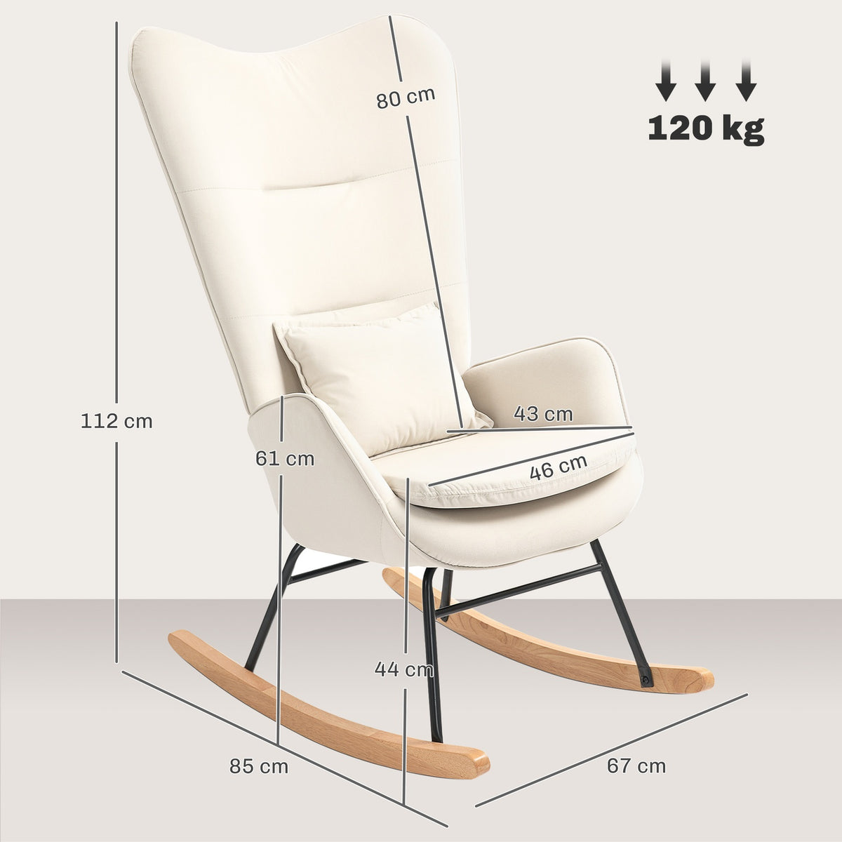 Rocking chair, armchair, nursing chair with velvet look, rocking chair with a load capacity of up to 120 kg for bedrooms, living rooms, cream white