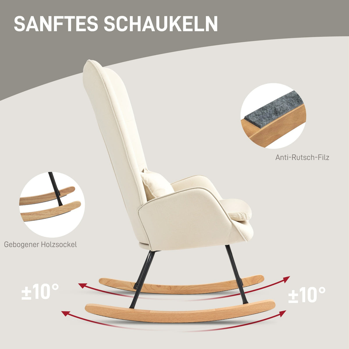 Rocking chair, armchair, nursing chair with velvet look, rocking chair with a load capacity of up to 120 kg for bedrooms, living rooms, cream white