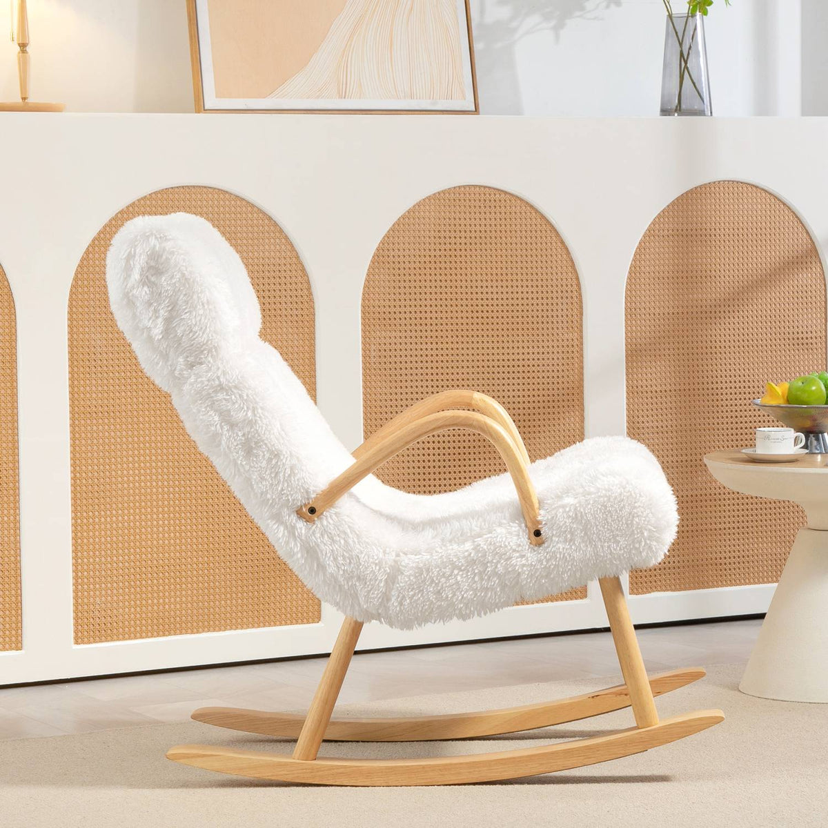 Rocking chair, armchair, nursing chair with wool look, rocking chair up to 120 kg load capacity for bedroom, living room, white