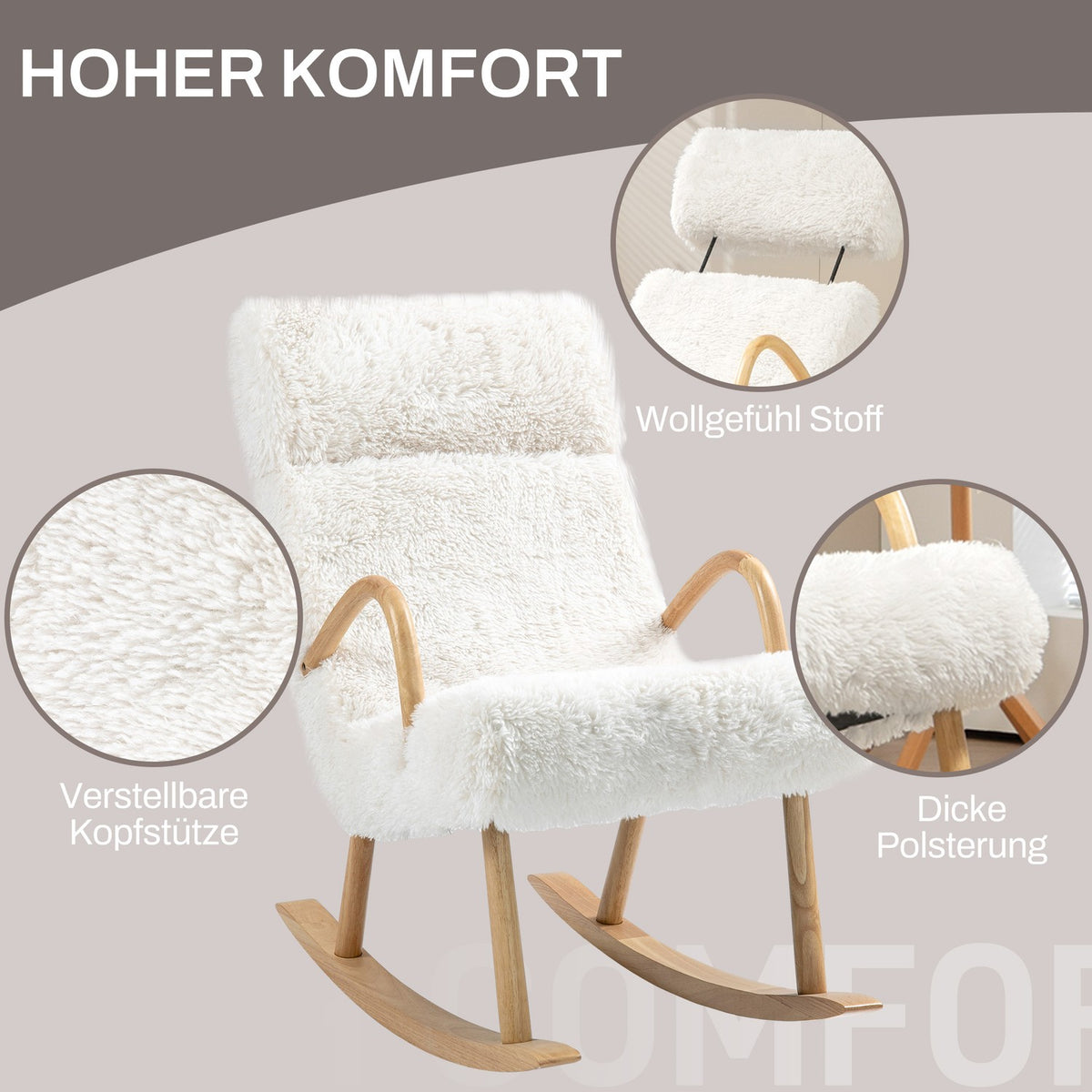 Rocking chair, armchair, nursing chair with wool look, rocking chair up to 120 kg load capacity for bedroom, living room, white