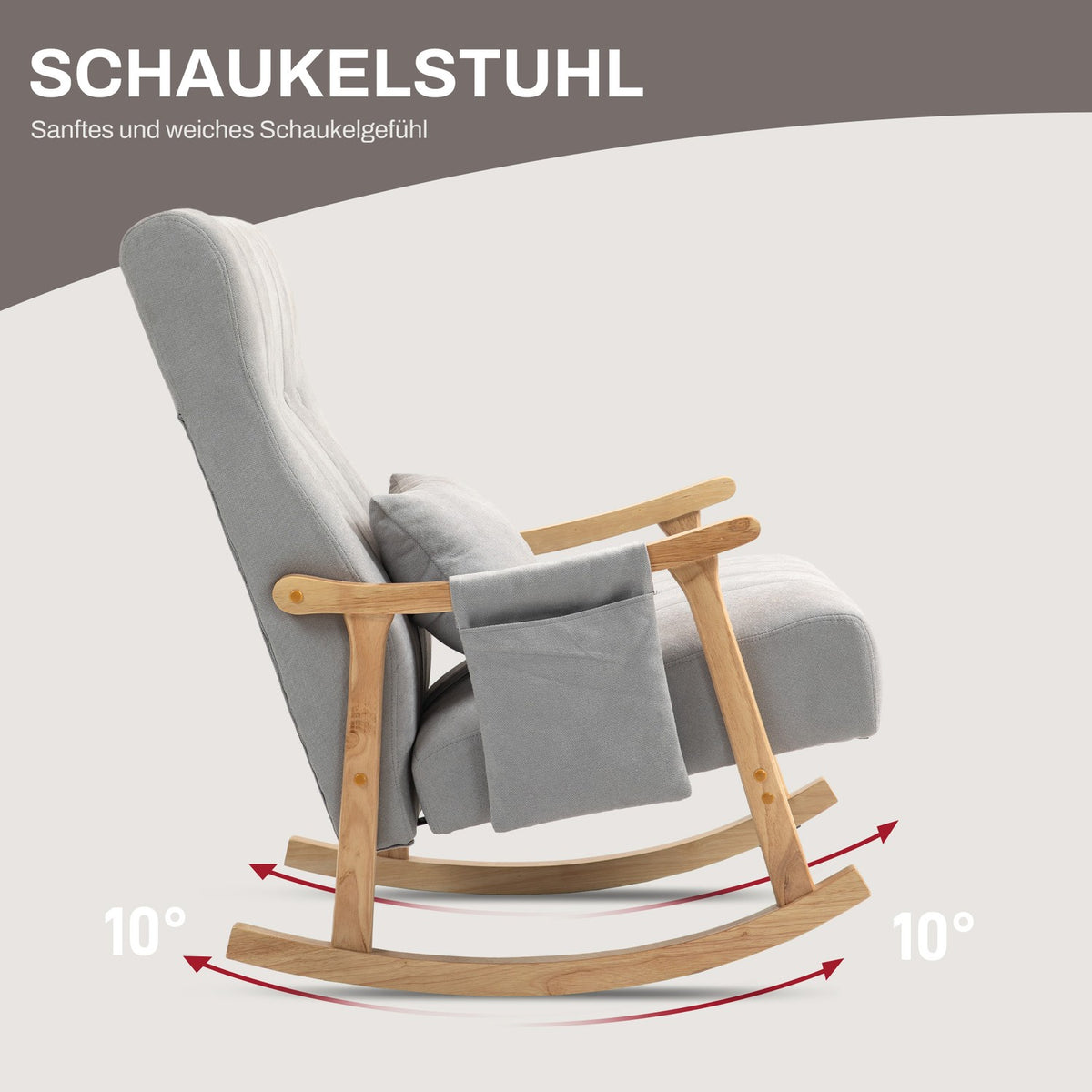 Rocking chair padded rocking chair with lumbar cushion side pocket relaxation chair wooden frame linen look for living room bedroom gray