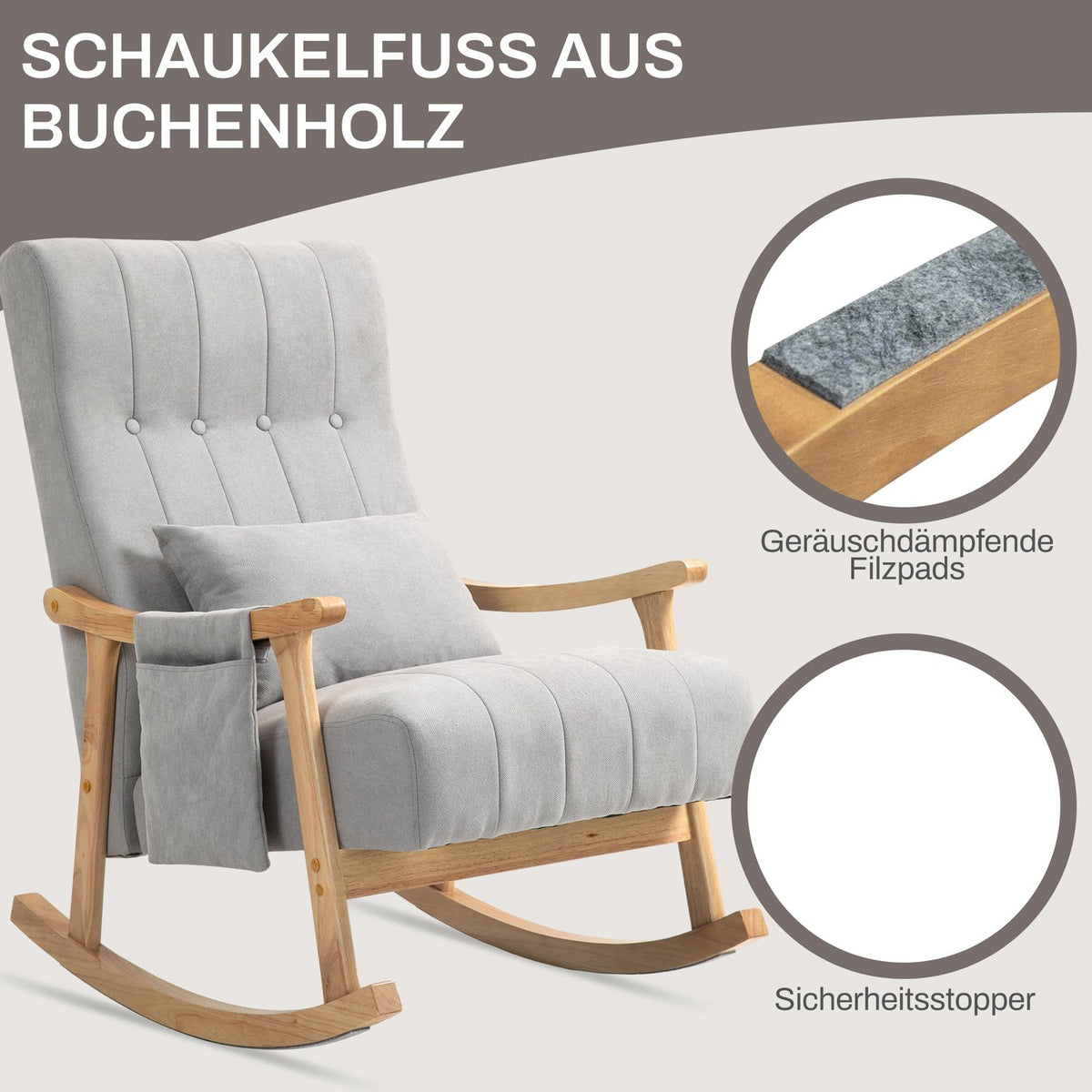 Rocking chair padded rocking chair with lumbar cushion side pocket relaxation chair wooden frame linen look for living room bedroom gray