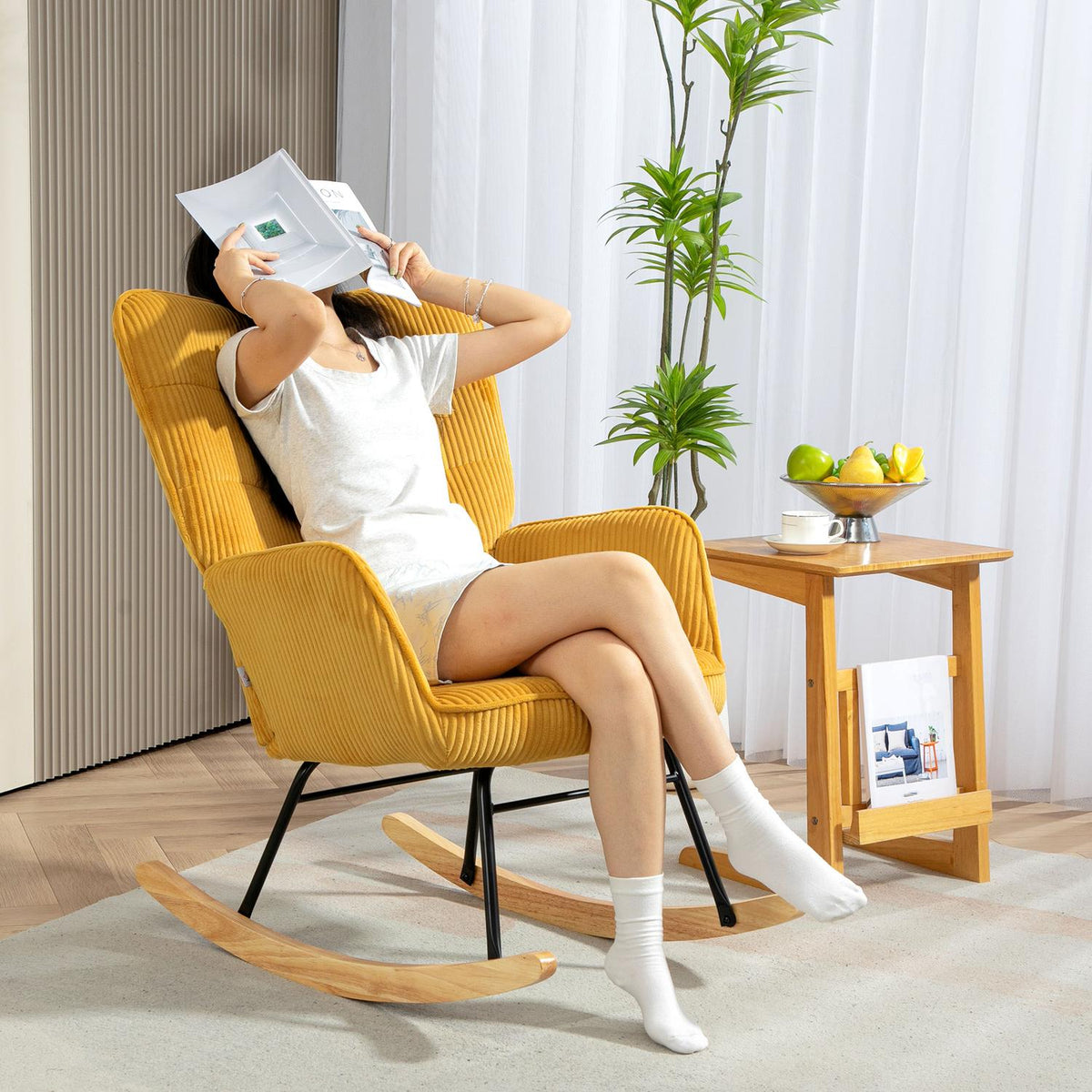 Rocking chair, rocking chair with Berber fleece look, armrest, armchair with wooden runners, relaxation chair for living room, bedroom, yellow