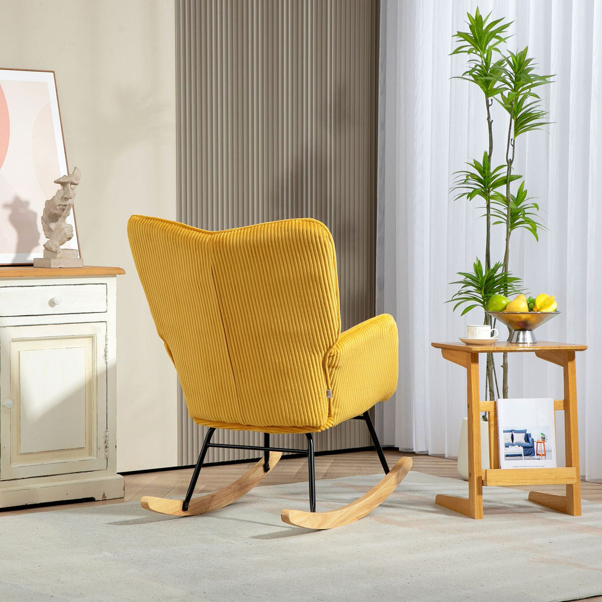 Rocking chair, rocking chair with Berber fleece look, armrest, armchair with wooden runners, relaxation chair for living room, bedroom, yellow