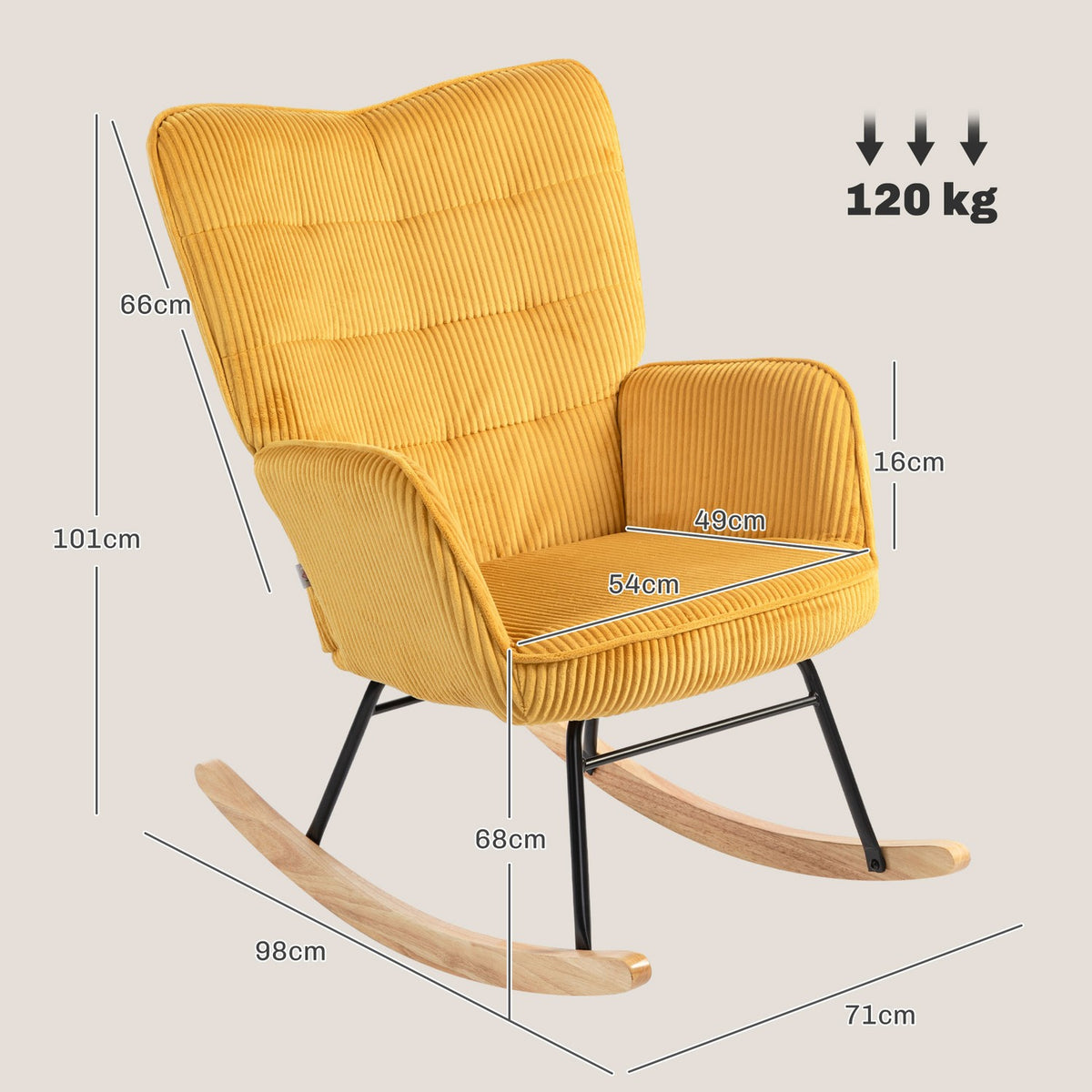 Rocking chair, rocking chair with Berber fleece look, armrest, armchair with wooden runners, relaxation chair for living room, bedroom, yellow