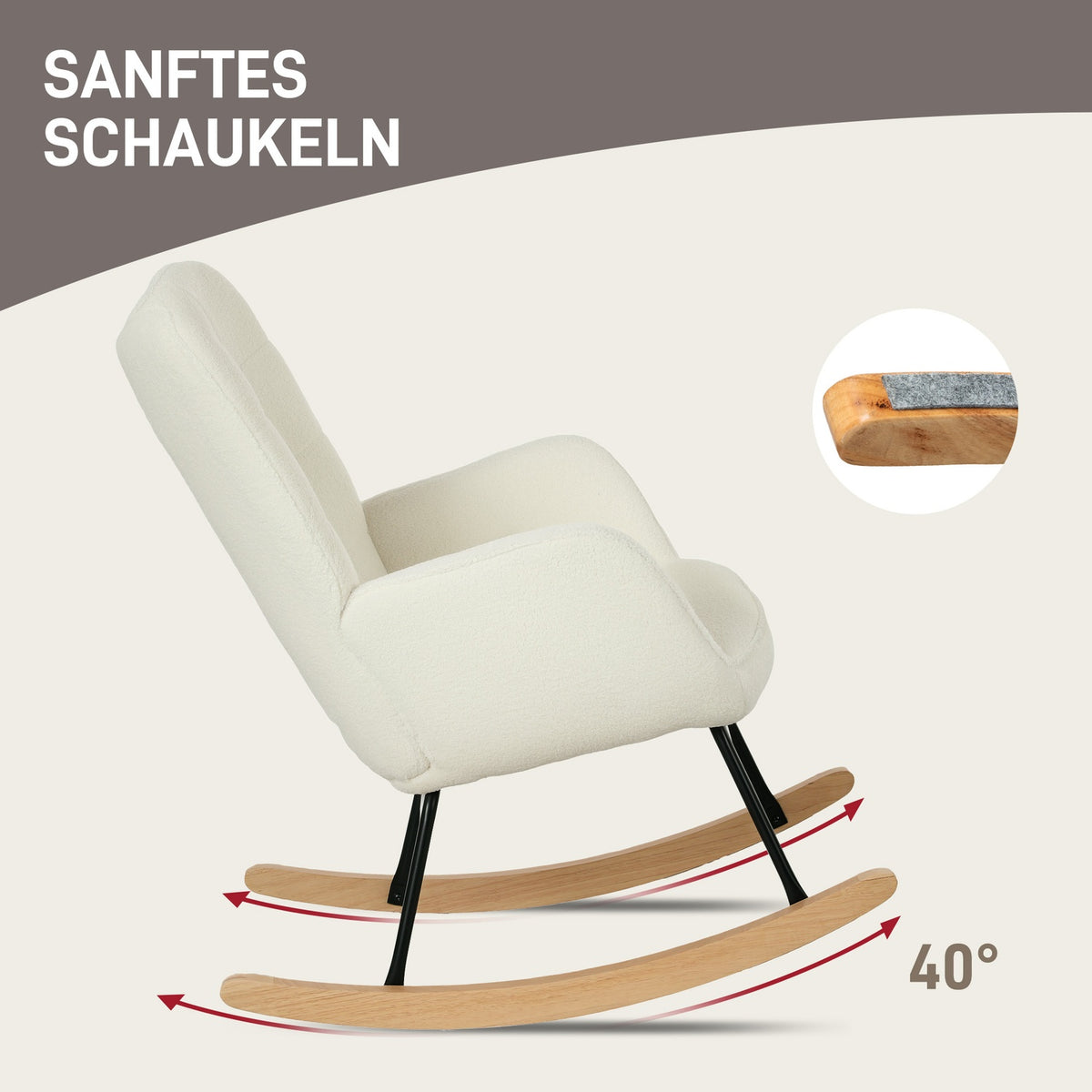 Rocking chair, rocking chair with Berber fleece look, armrest, padded chair with wooden runners, relaxation chair for living room, bedroom, load capacity up to 120kg, white