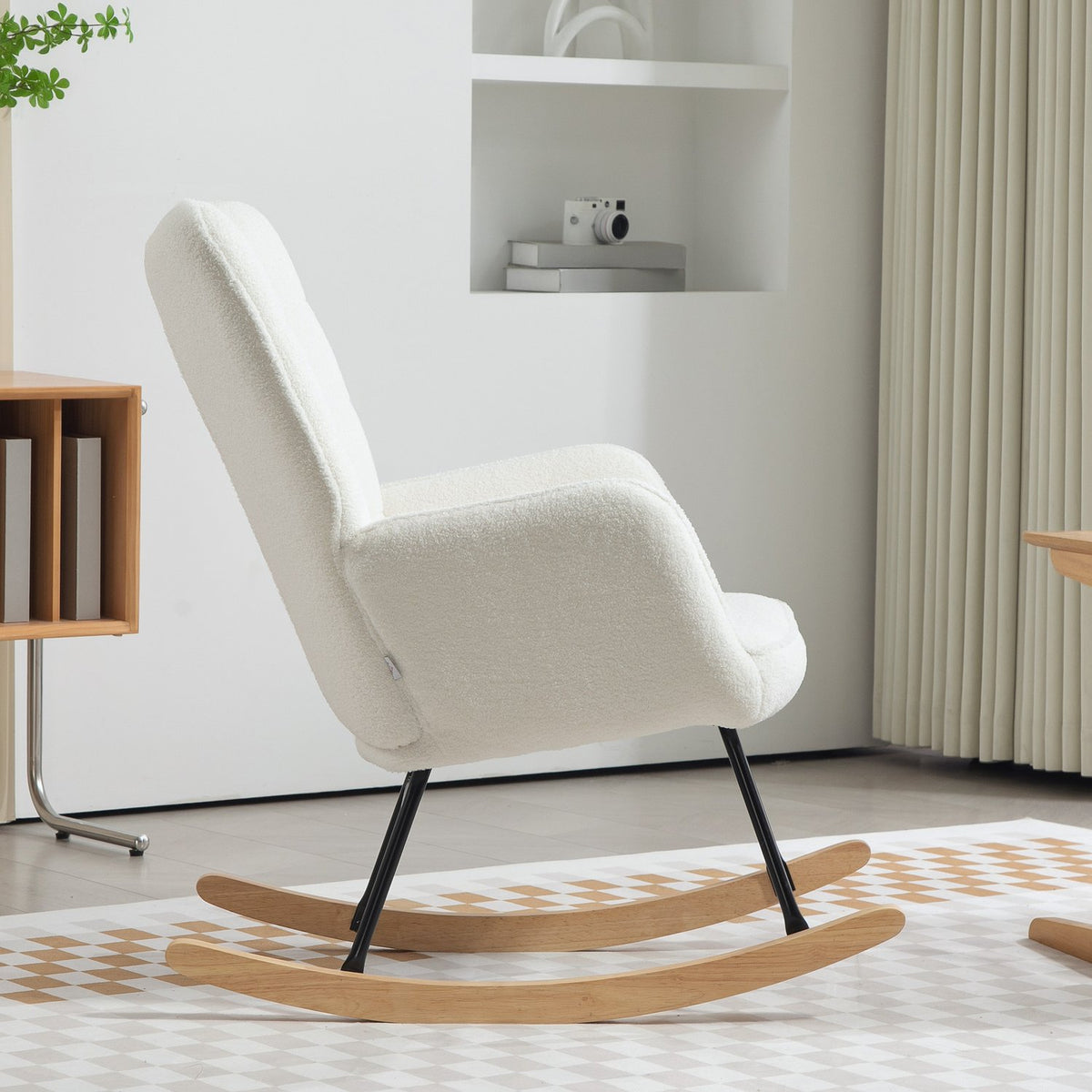 Rocking chair, rocking chair with Berber fleece look, armrest, padded chair with wooden runners, relaxation chair for living room, bedroom, load capacity up to 120kg, white