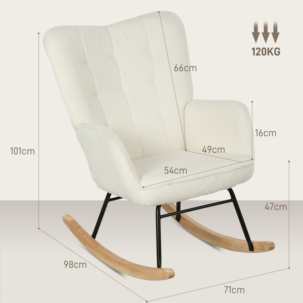 Rocking chair, rocking chair with Berber fleece look, armrest, padded chair with wooden runners, relaxation chair for living room, bedroom, load capacity up to 120kg, white