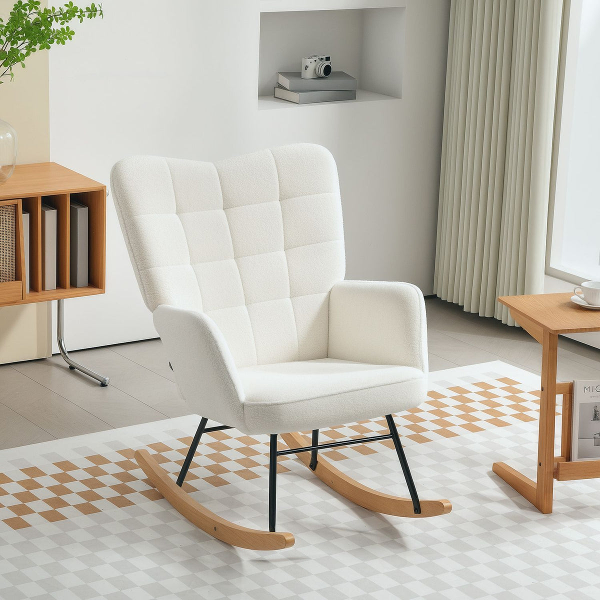 Rocking chair, rocking chair with Berber fleece look, armrest, padded chair with wooden runners, relaxation chair for living room, bedroom, load capacity up to 120kg, white