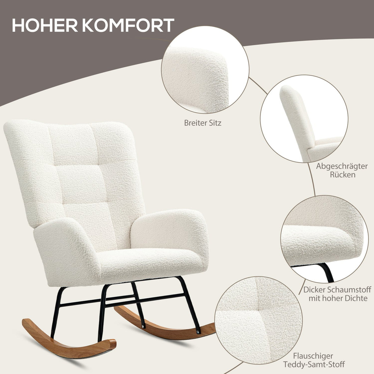 Rocking chair, rocking chair with armrests, teddy velvet look, relaxation chair with wooden runners, swing chair, nursing chair for bedroom, living room, cream white
