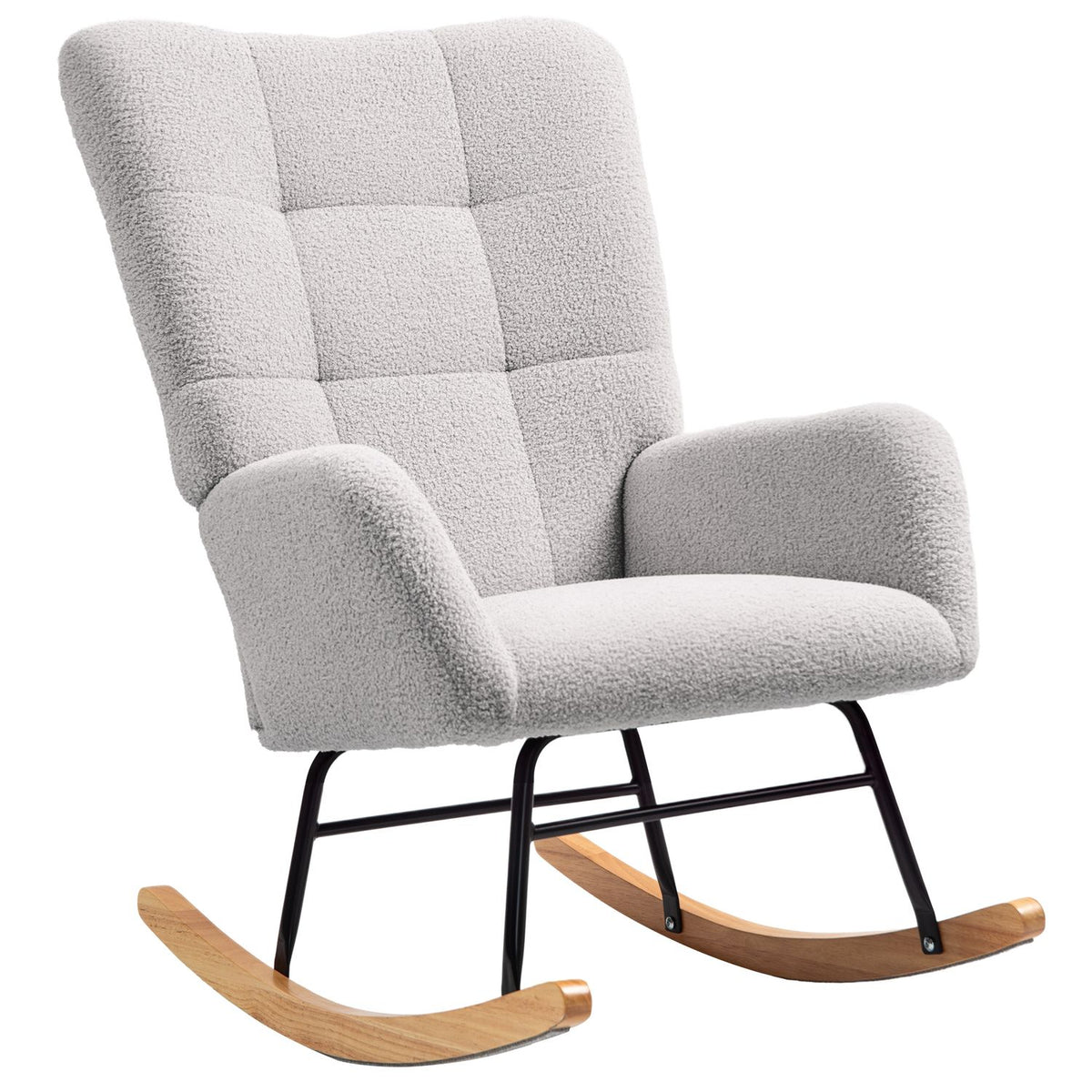 Rocking chair, rocking chair with armrests, teddy velvet look, relaxation chair with wooden runners, swing chair, nursing chair for bedroom, living room, light gray