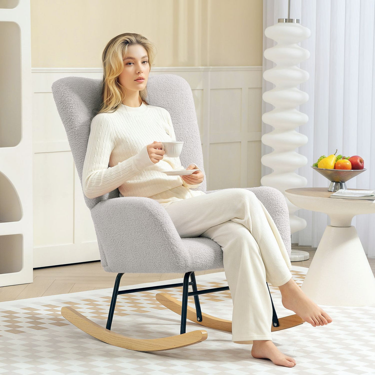 Rocking chair, rocking chair with armrests, teddy velvet look, relaxation chair with wooden runners, swing chair, nursing chair for bedroom, living room, light gray
