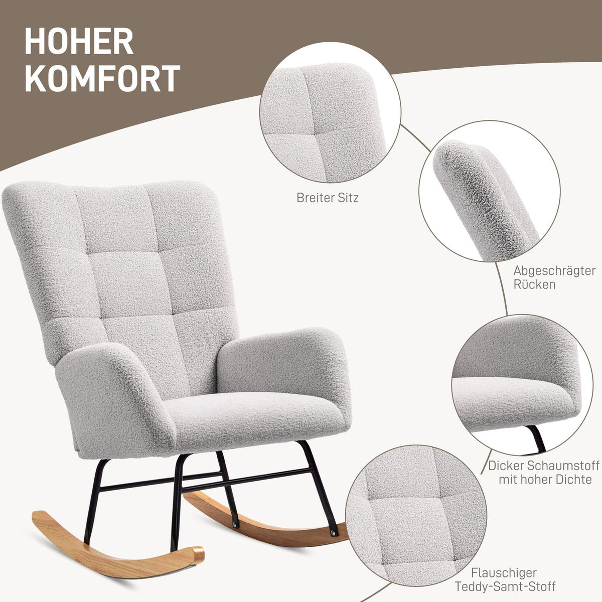Rocking chair, rocking chair with armrests, teddy velvet look, relaxation chair with wooden runners, swing chair, nursing chair for bedroom, living room, light gray