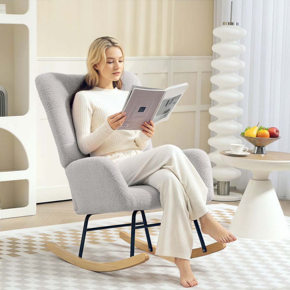 Rocking chair, rocking chair with armrests, teddy velvet look, relaxation chair with wooden runners, swing chair, nursing chair for bedroom, living room, light gray