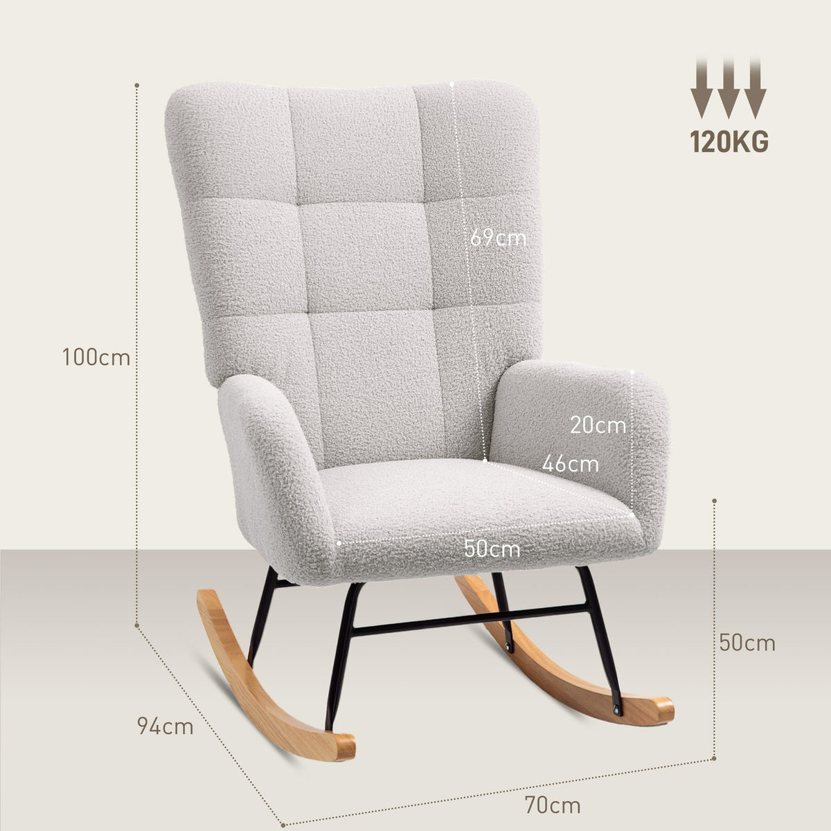 Rocking chair, rocking chair with armrests, teddy velvet look, relaxation chair with wooden runners, swing chair, nursing chair for bedroom, living room, light gray