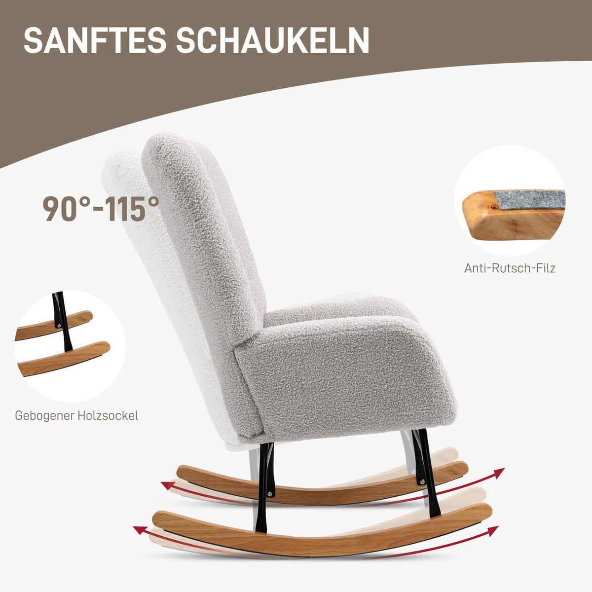 Rocking chair, rocking chair with armrests, teddy velvet look, relaxation chair with wooden runners, swing chair, nursing chair for bedroom, living room, light gray