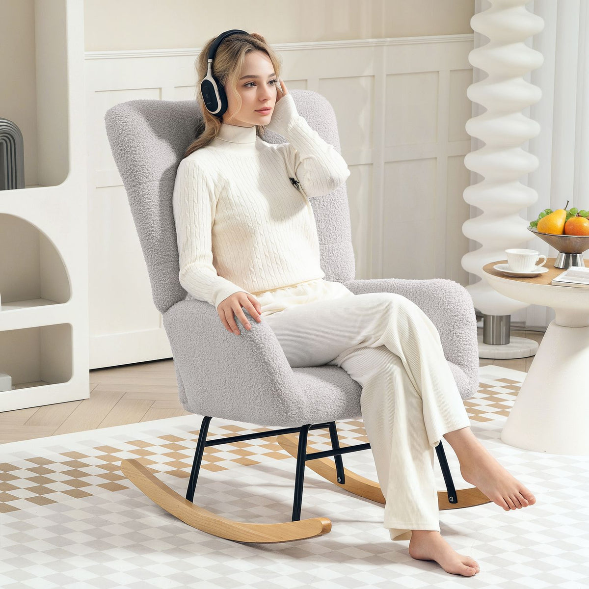 Rocking chair, rocking chair with armrests, teddy velvet look, relaxation chair with wooden runners, swing chair, nursing chair for bedroom, living room, light gray