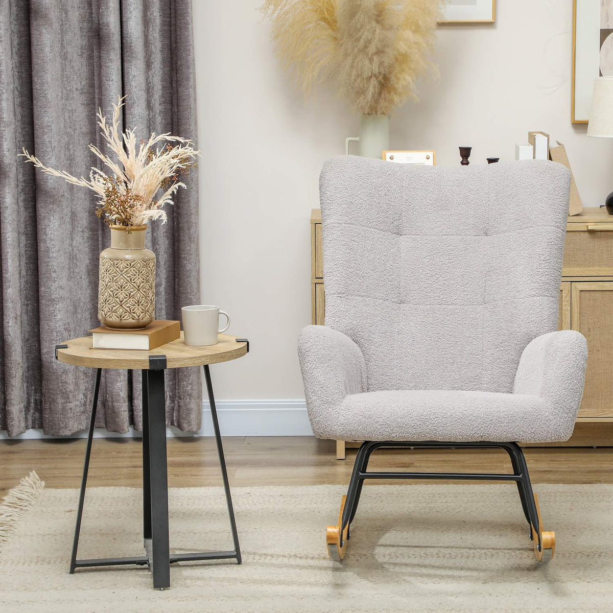 Rocking chair, rocking chair with armrests, teddy velvet look, relaxation chair with wooden runners, swing chair, nursing chair for bedroom, living room, light gray